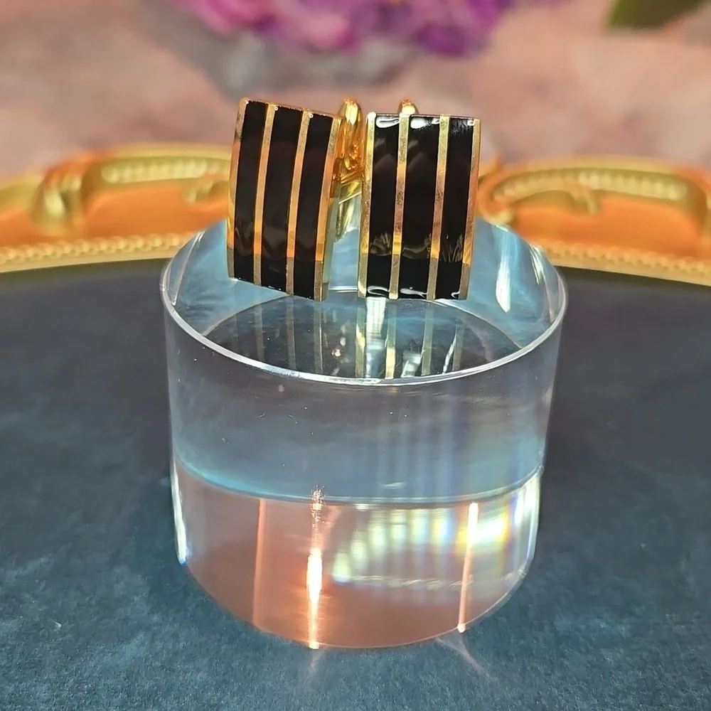 Gold and Black Striped Stainless Steel Cufflinks Brand New - Picture 4 of 10